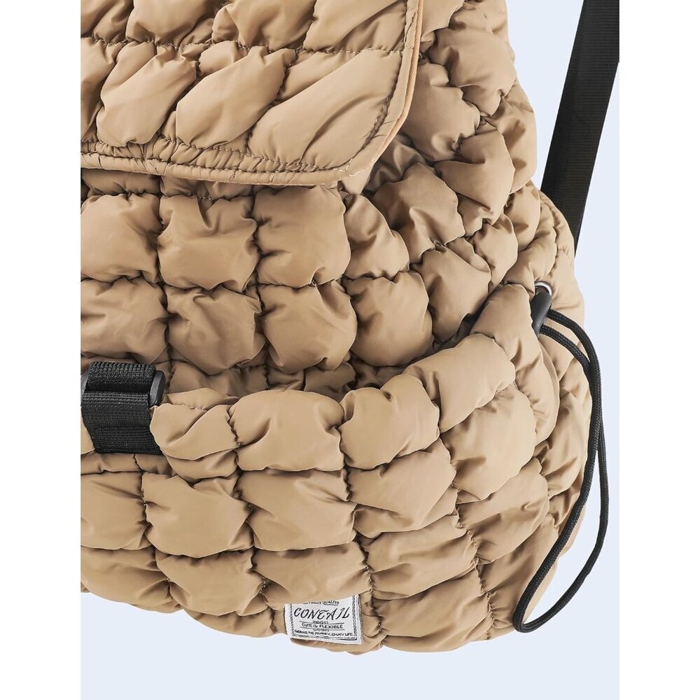 Women's Khaki Quilted Puffer Imported Drawstring Magnetic Closure Backpack - Picture 3 of 7